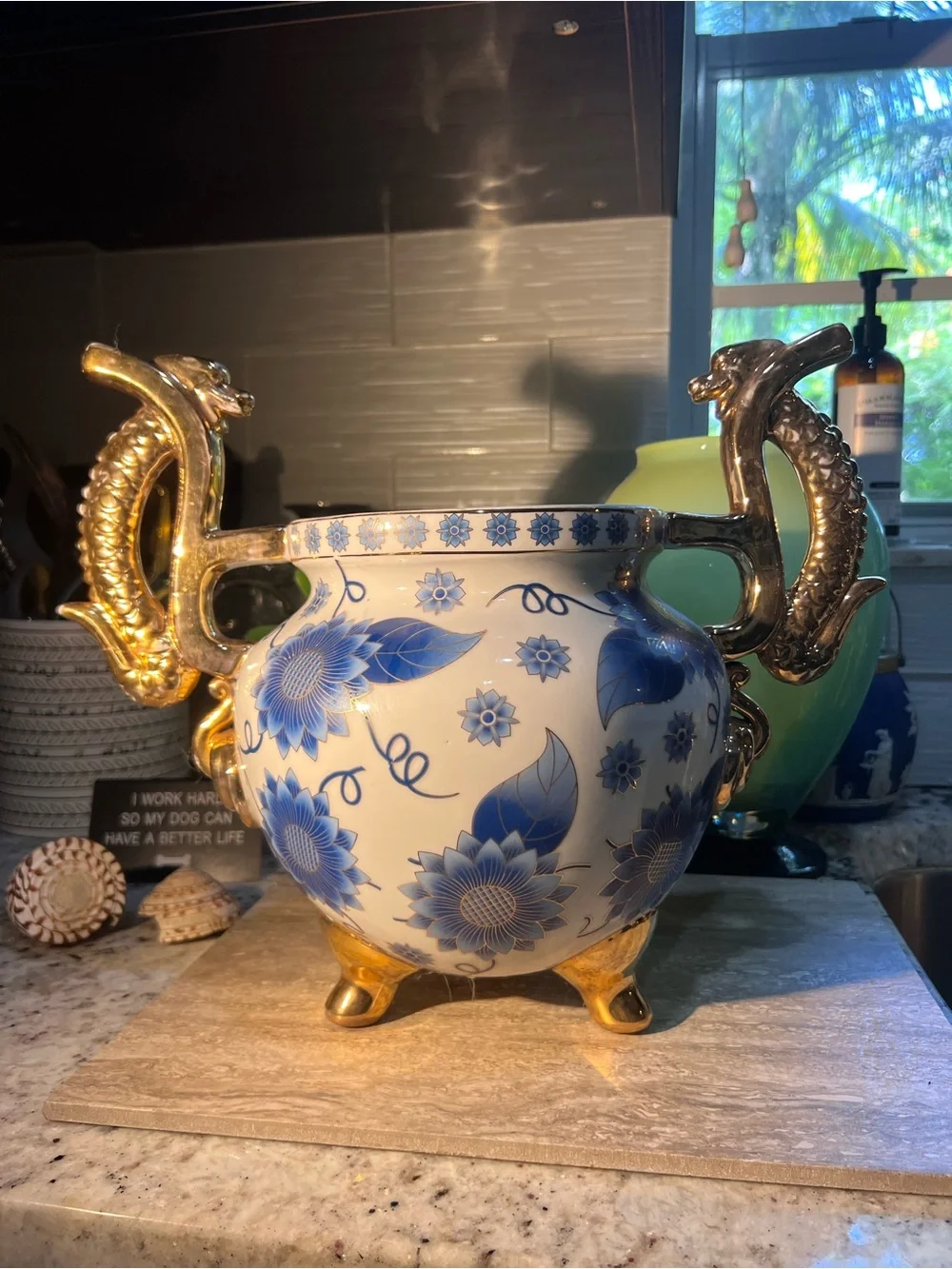 Blue Floral Porcelain Urn with Gold Dragon Handles